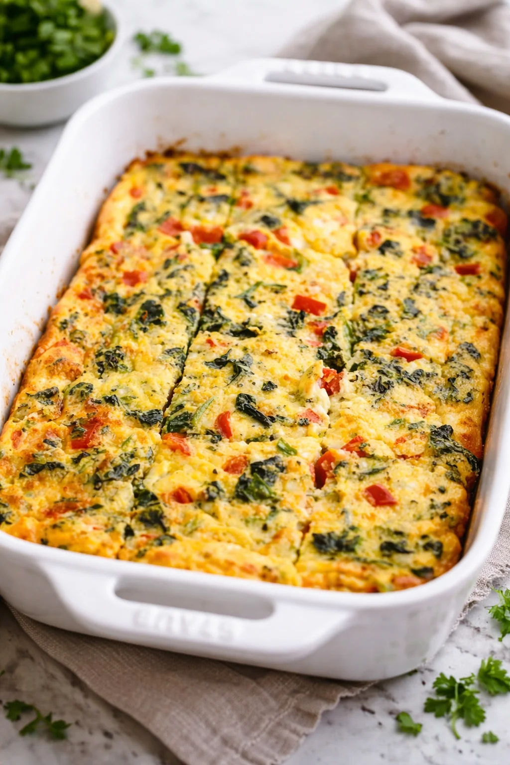 Cottage Cheese Egg Bake served in a dish with fresh herbs on top.