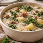 Cozy crockpot sausage, kale, and potato soup in a bowl