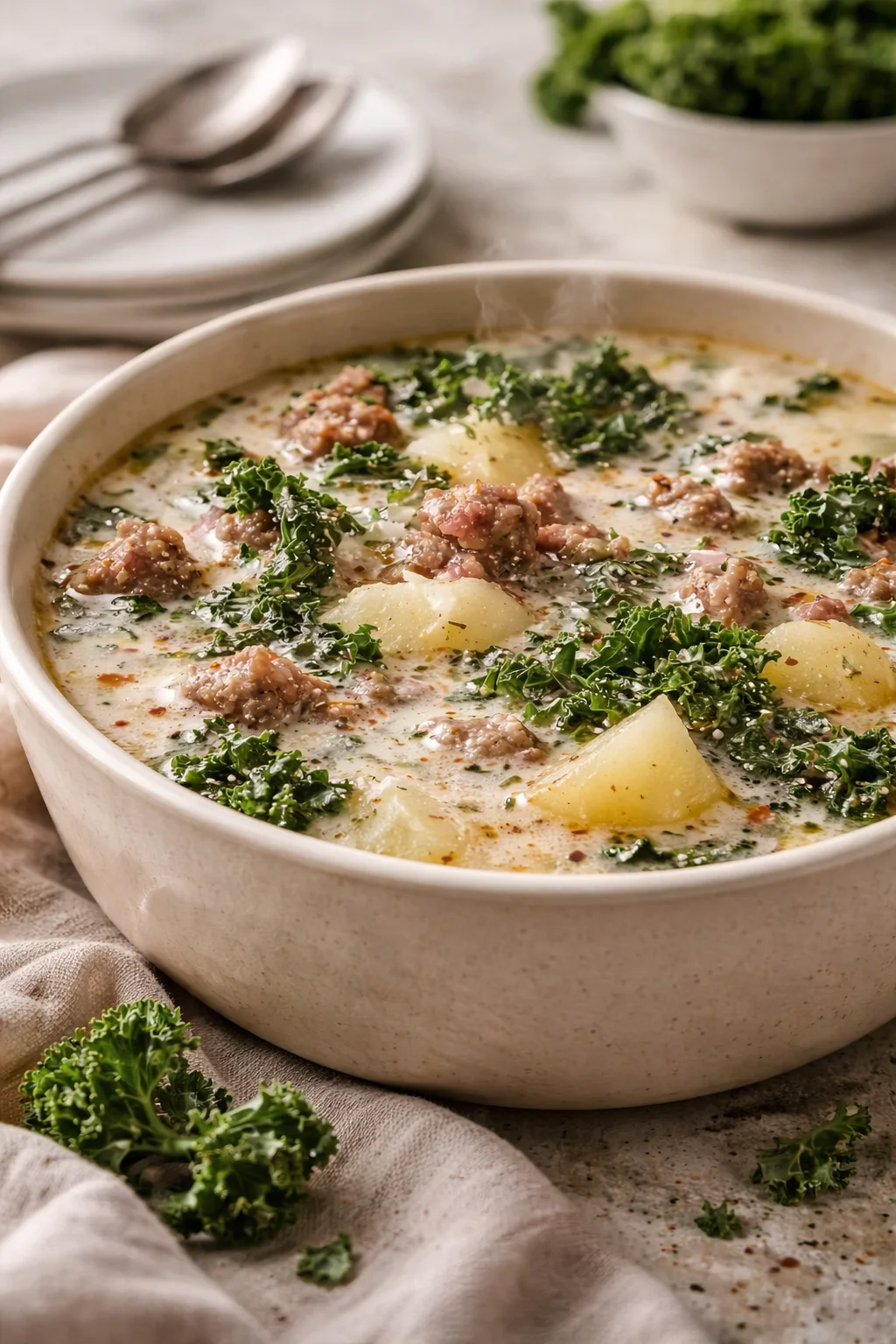 Cozy crockpot sausage, kale, and potato soup in a bowl