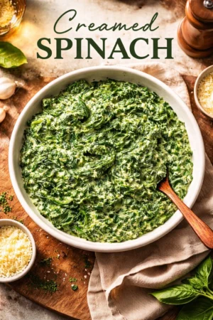 Delicious dish of creamed spinach served in a bowl with a creamy texture.