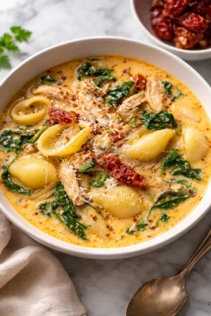 Bowl of creamy chicken pasta soup garnished with herbs