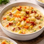 Bowl of creamy corn chowder garnished with herbs and served with bread.