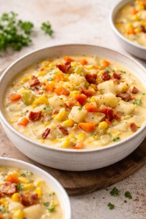 Bowl of creamy corn chowder garnished with herbs and served with bread.