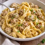 Creamy Italian sausage pasta served in a bowl with herbs and cheese