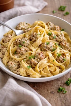 Creamy Italian sausage pasta served in a bowl with herbs and cheese