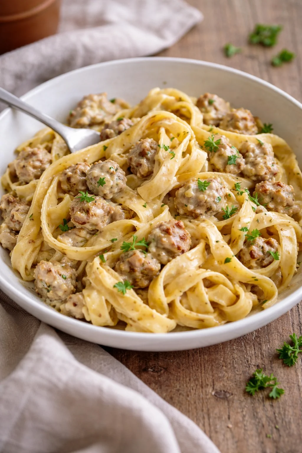 Creamy Italian sausage pasta served in a bowl with herbs and cheese