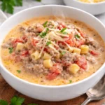 Bowl of creamy Parmesan Italian sausage soup with fresh herbs and cheese