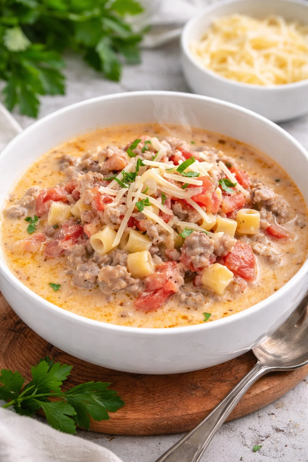 Bowl of creamy Parmesan Italian sausage soup with fresh herbs and cheese