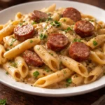 Creamy smoked sausage pasta dish garnished with herbs and spices