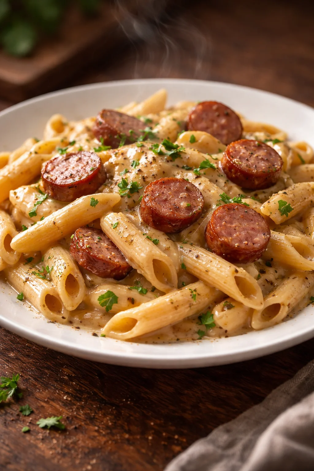 Creamy smoked sausage pasta dish garnished with herbs and spices
