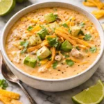 Bowl of creamy white chicken chili topped with cilantro and sour cream