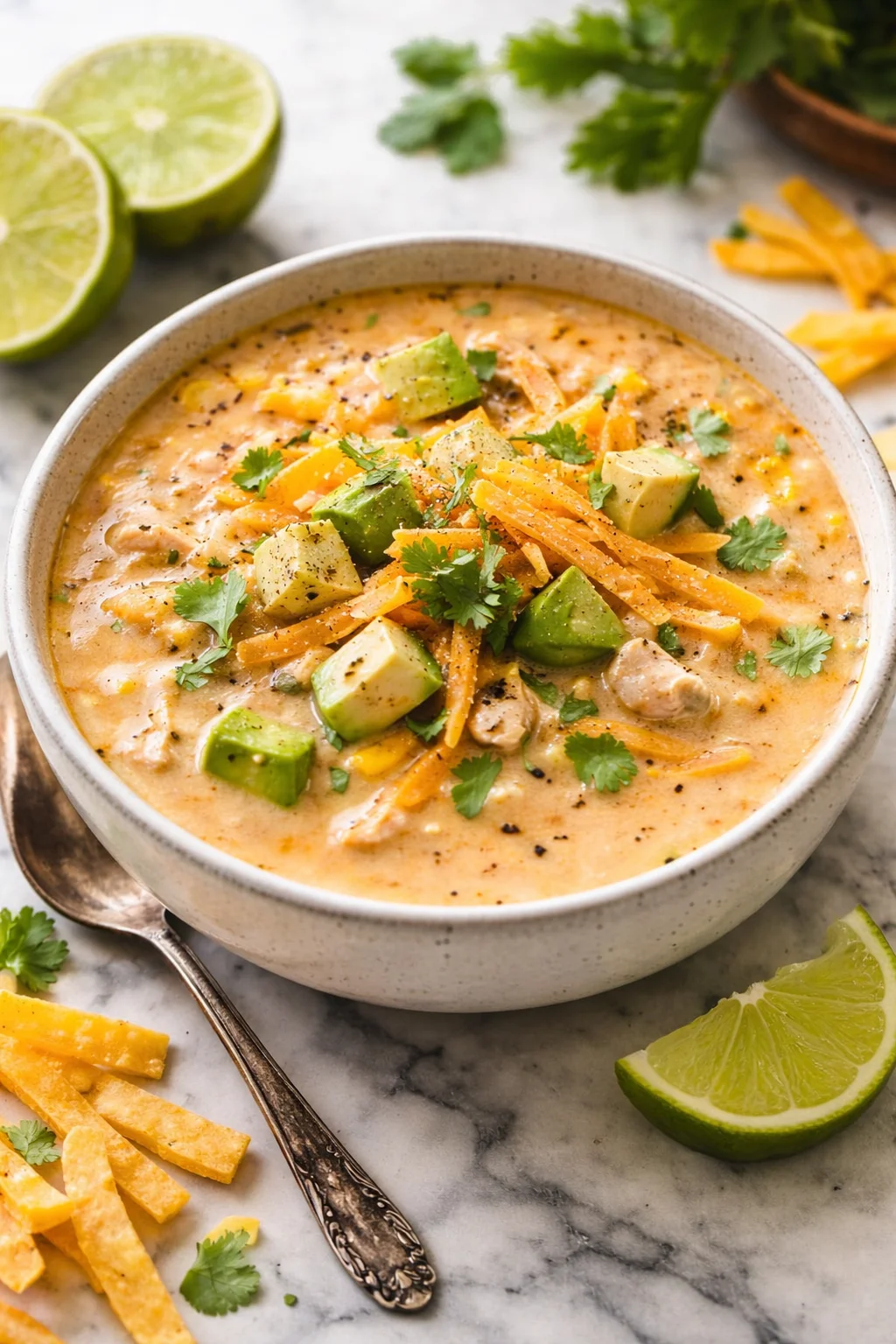 Bowl of creamy white chicken chili topped with cilantro and sour cream