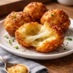 Crispy mashed potato cheese puffs served on a plate, golden and cheesy
