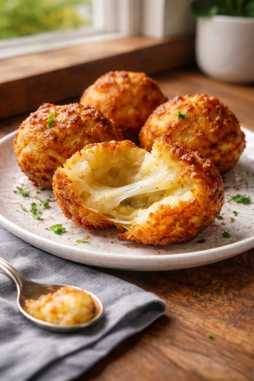 Crispy mashed potato cheese puffs served on a plate, golden and cheesy