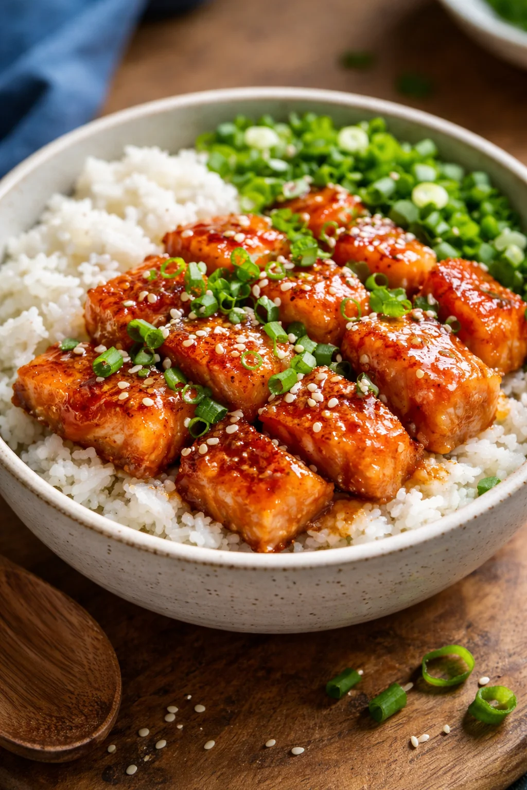 Crispy Salmon atop a rice bowl with vibrant vegetables