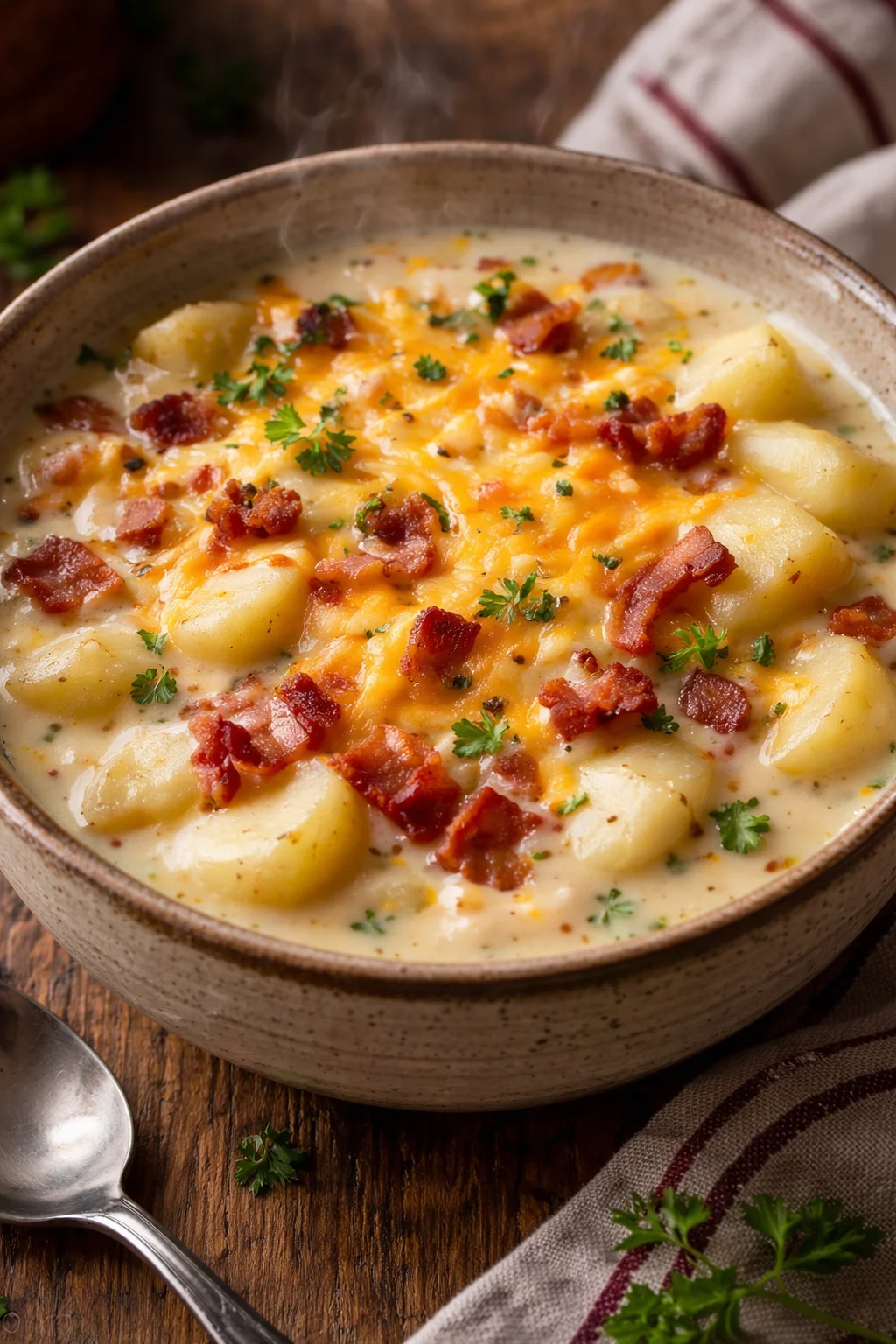 Delicious Crock Pot Crack Potato Soup garnished with green onions and cheese