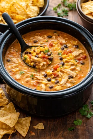 Bowl of Crockpot Chicken Tortilla Soup garnished with tortilla strips and avocado