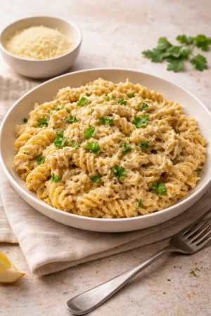 Crockpot garlic parmesan chicken pasta in a bowl with herbs and cheese.