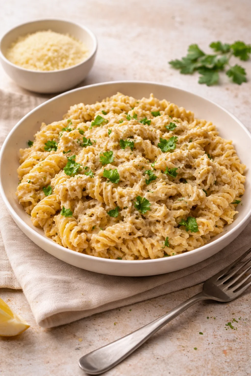 Crockpot garlic parmesan chicken pasta in a bowl with herbs and cheese.