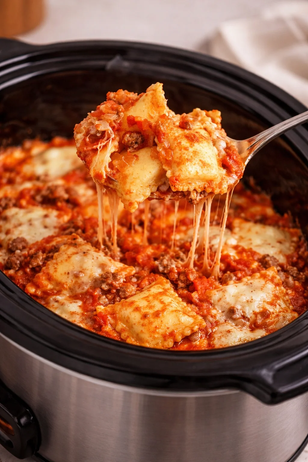 Delicious Crockpot Lasagna made with ravioli layered in cheese and sauce