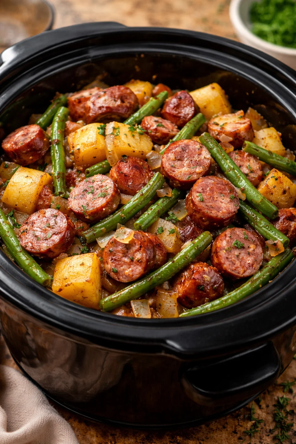 Crockpot sausage and green beans dish ready to be served