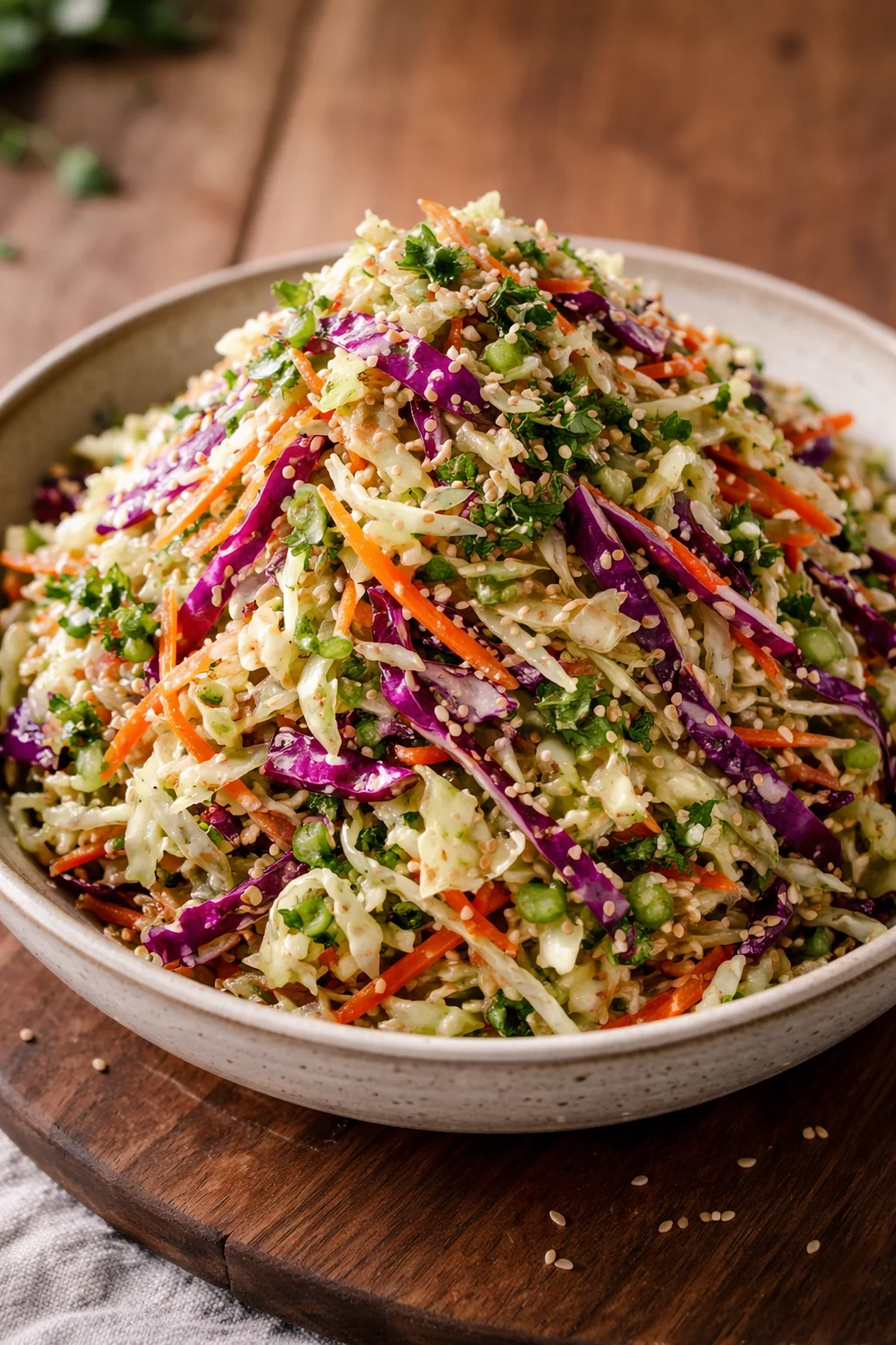 Bowl of Crunchy Asian Cabbage Slaw with vibrant vegetables and dressing