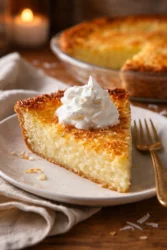 Delicious easy coconut rum pie slice with a creamy coconut filling