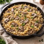 Plate of easy ground beef stroganoff served with noodles
