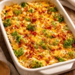 Easy low carb chicken casserole garnished with herbs and served in a baking dish.