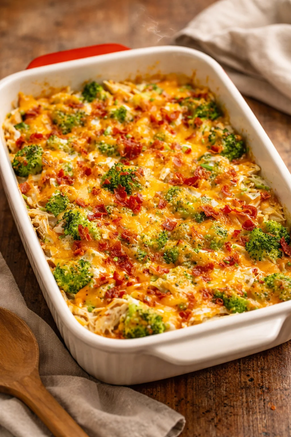 Easy low carb chicken casserole garnished with herbs and served in a baking dish.