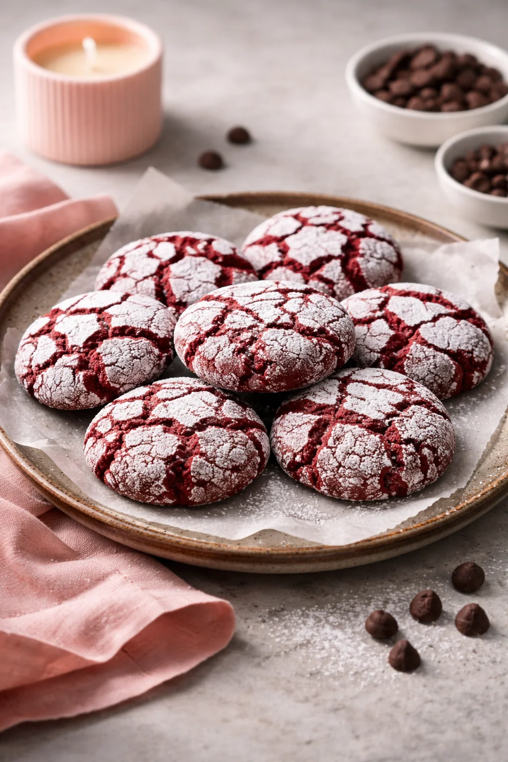 Delicious easy red velvet crinkle cookies on a plate with powdered sugar