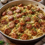 Easy sausage and cabbage stir fry served in a skillet