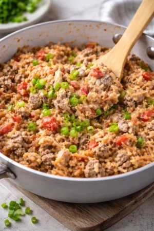 Plate of Easy Spanish Rice A Roni with Ground Beef garnished and ready to serve.