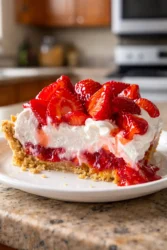 Delicious easy strawberry cool whip pie topped with fresh strawberries