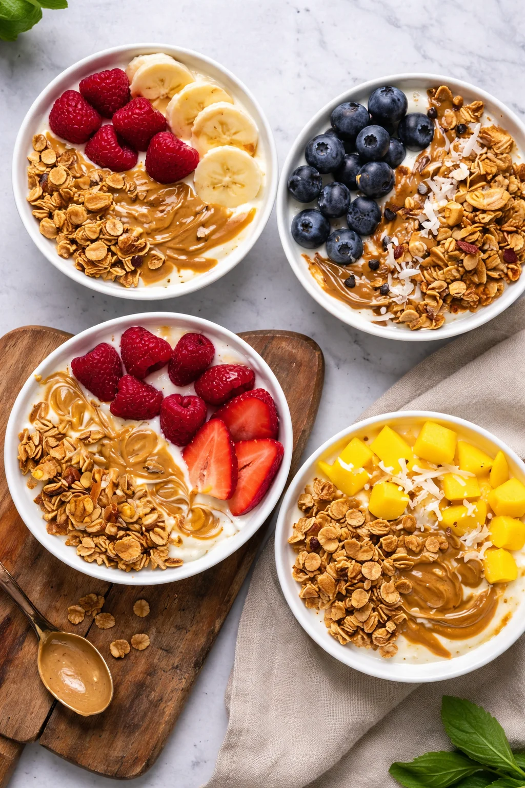 Delicious yogurt granola bowls topped with fresh fruits and nuts