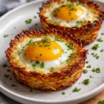 Eggs in crispy hash brown baskets, a delicious breakfast idea.