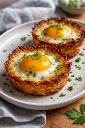 Eggs in crispy hash brown baskets, a delicious breakfast idea.