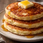 Fluffy old-fashioned pancakes stacked with syrup and berries on a plate