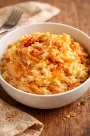 French onion chicken and rice bake dish garnished with herbs