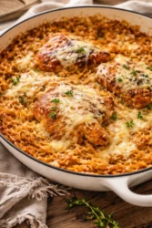 Plate of French Onion Chicken served with rice, garnished with herbs