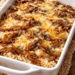 Delicious French onion chicken served over a bed of fluffy rice.