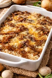 Delicious French onion chicken served over a bed of fluffy rice.