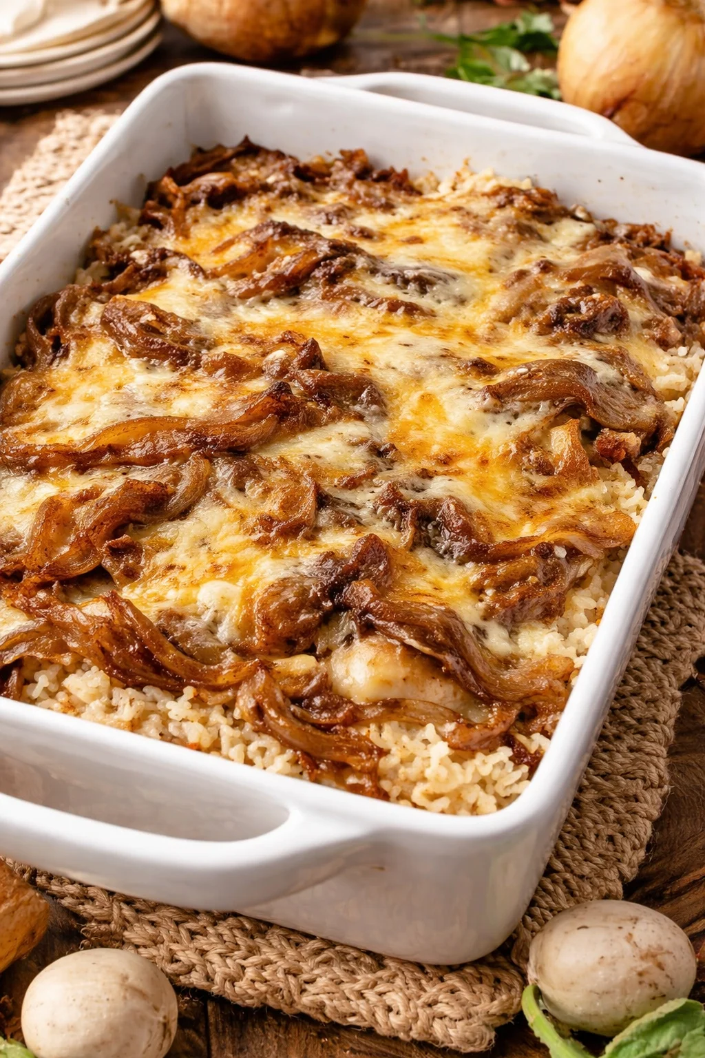 Delicious French onion chicken served over a bed of fluffy rice.