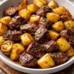 Garlic Butter Steak Bites served with seasoned potatoes