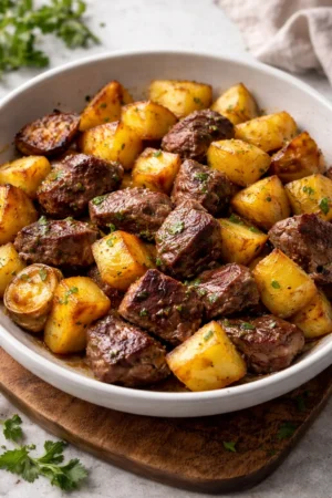 Garlic Butter Steak Bites served with seasoned potatoes