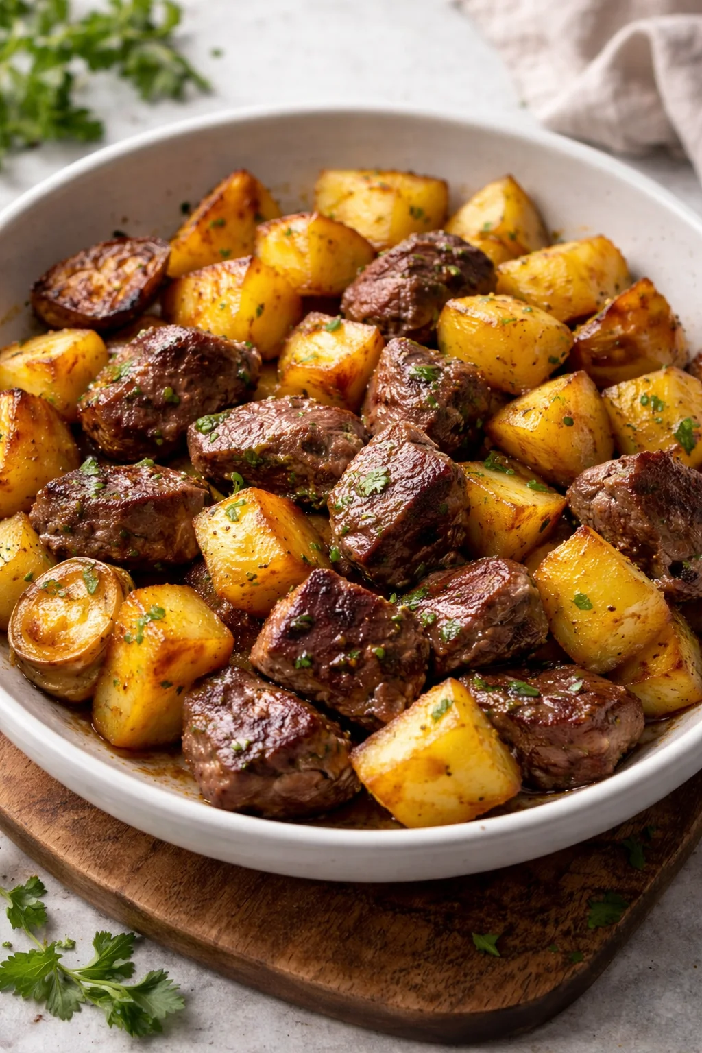 Garlic Butter Steak Bites served with seasoned potatoes