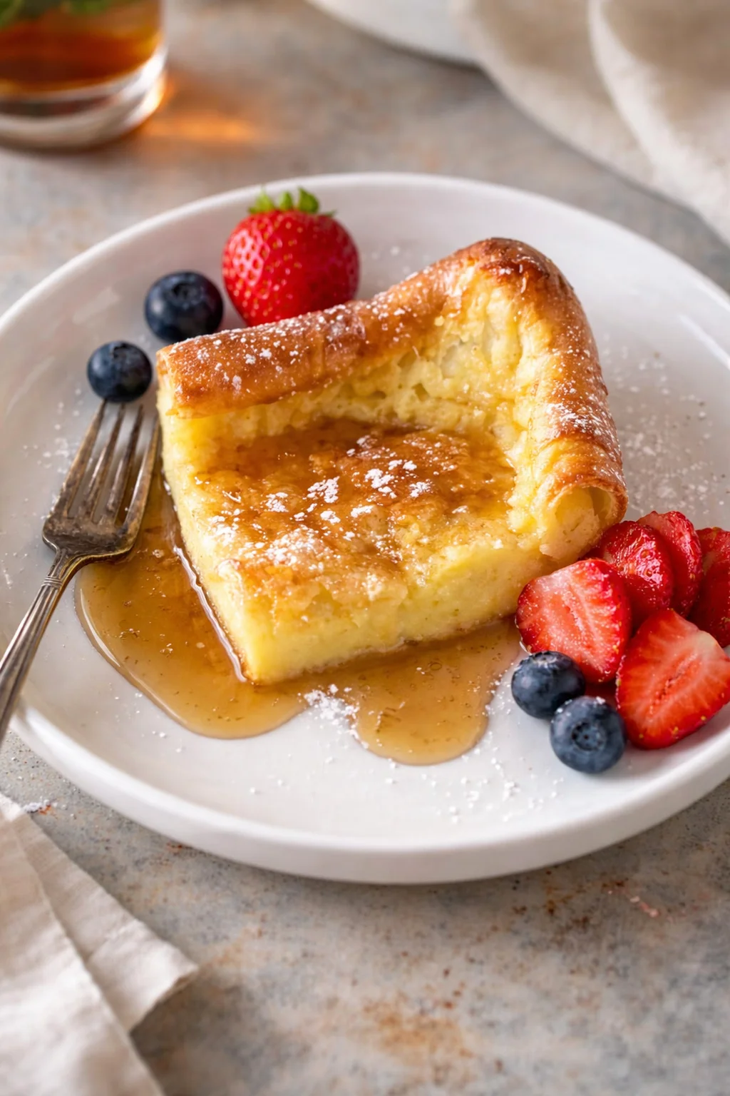 Delicious homemade German pancakes served with syrup and powdered sugar