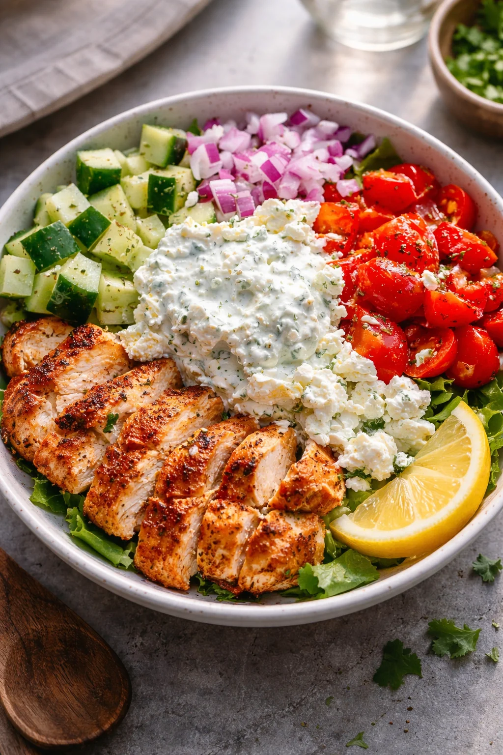 Greek chicken bowls served with tzatziki sauce and fresh veggies