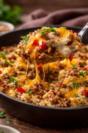 Delicious ground beef and rice skillet served in a pan