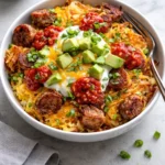 A colorful Hash Brown Breakfast Bowl topped with eggs, vegetables, and cheese.
